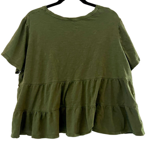 Time And Tru Tiered Loose Fit Cropped Short Sleeve Olive Green Tee